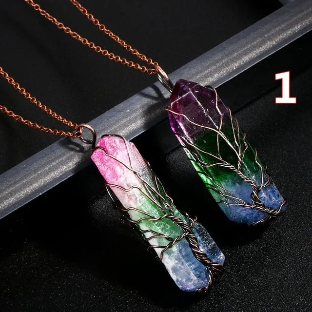 Handmade 7 Chakra Natural Rainbow Stone Tree Of Life Pendant