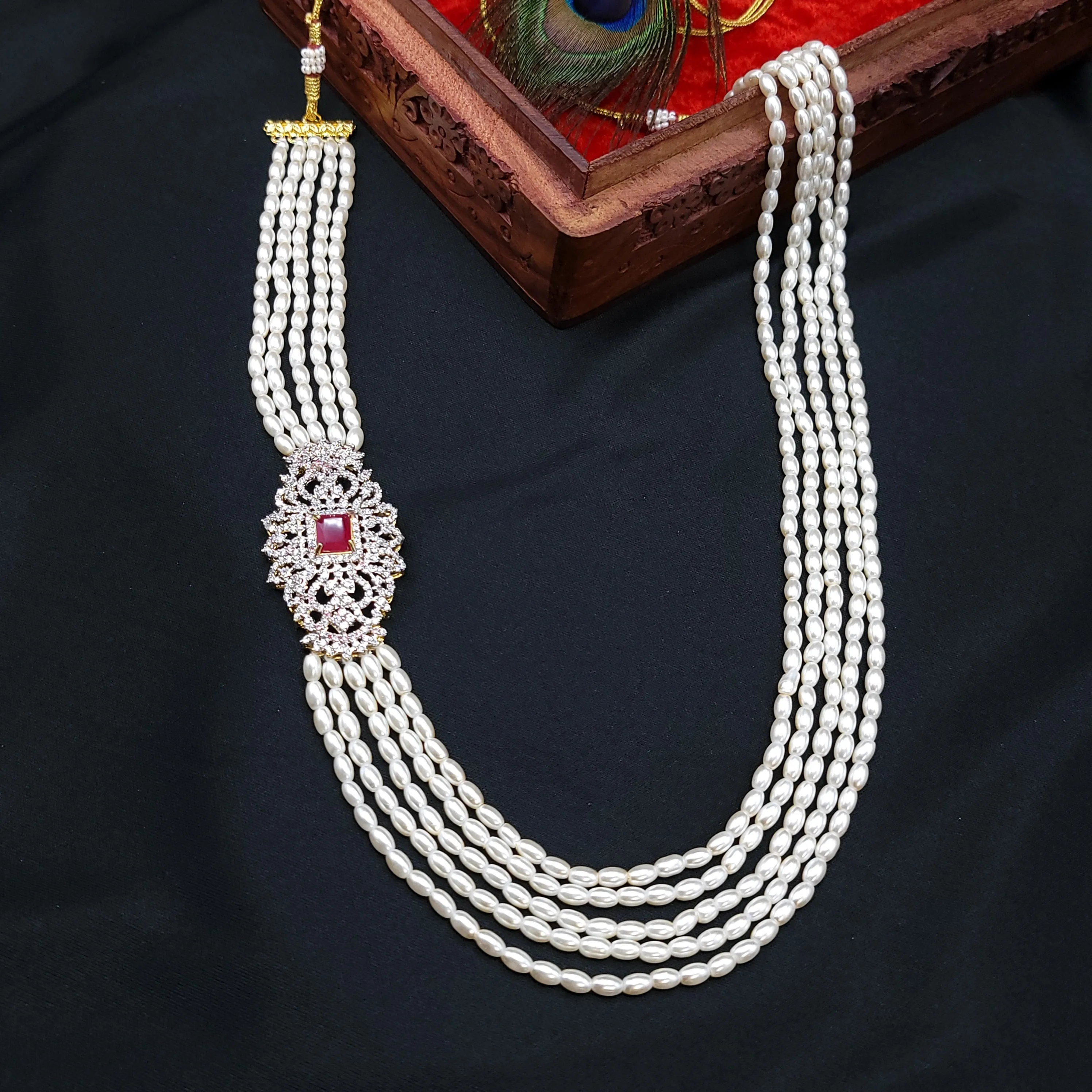 Handmade Rice Pearl Mala Side Pendant AD Necklace