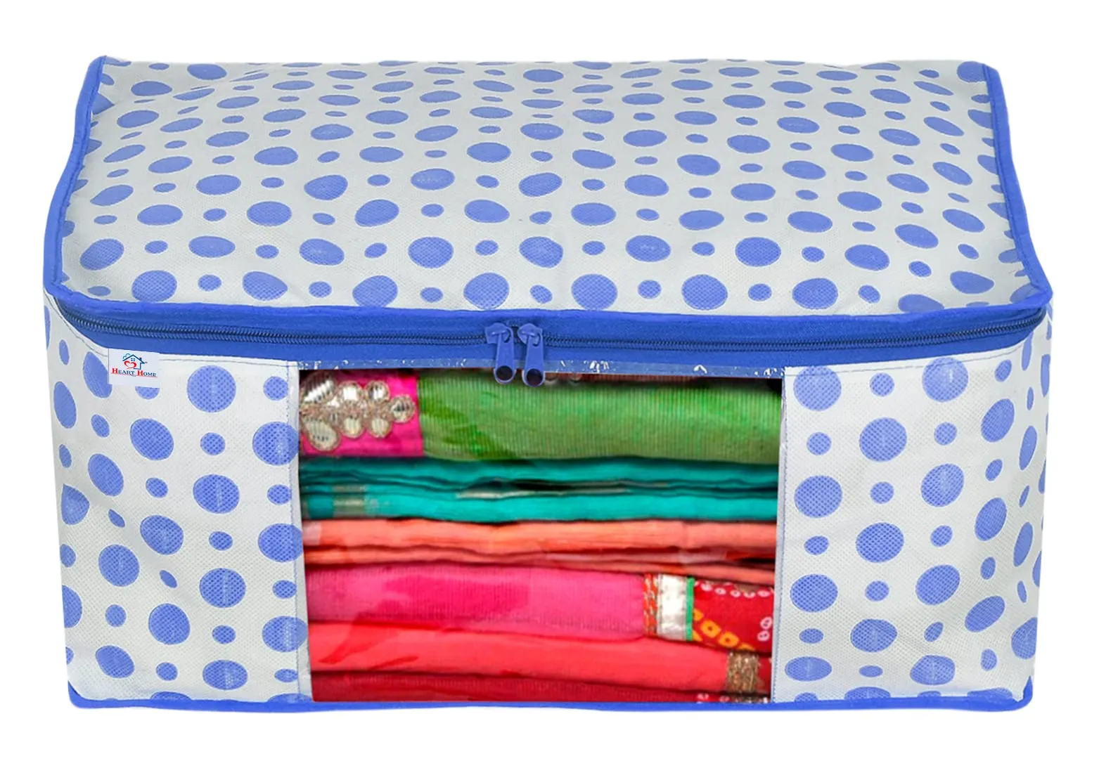 Heart Home Dot Printed Non-Woven Blouse & Saree Cover, Cloth Organizer, Wardrobe Organiser Set With Tranasparent Window- Pack of 2 (Blue)-46HH0466