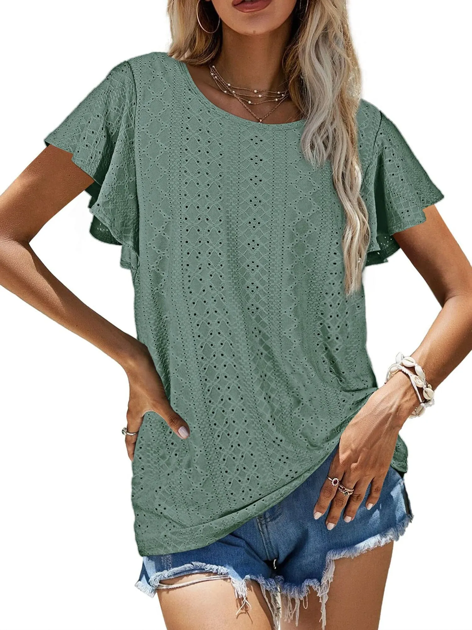 Hollow Womens Blouses Crew Neck Ruffle Sleeve Summer Women Tops