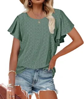 Hollow Womens Blouses Crew Neck Ruffle Sleeve Summer Women Tops