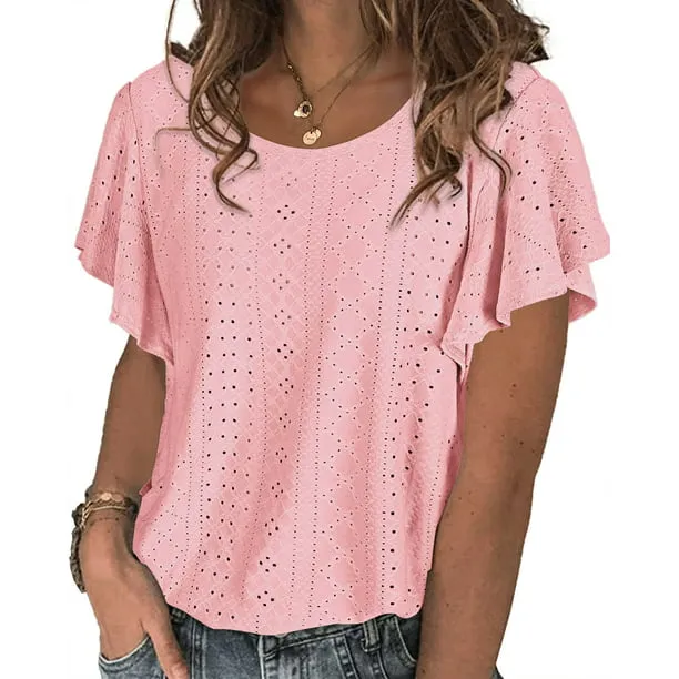 Hollow Womens Blouses Crew Neck Ruffle Sleeve Summer Women Tops