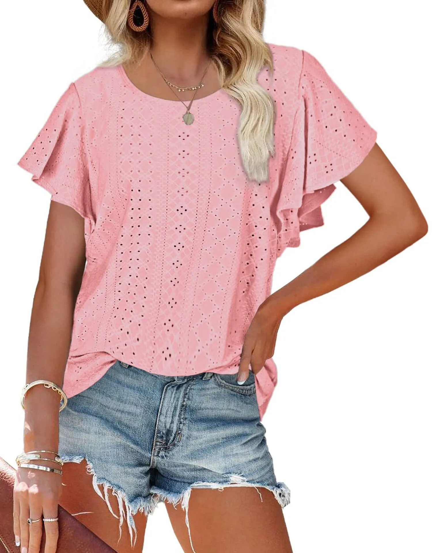 Hollow Womens Blouses Crew Neck Ruffle Sleeve Summer Women Tops