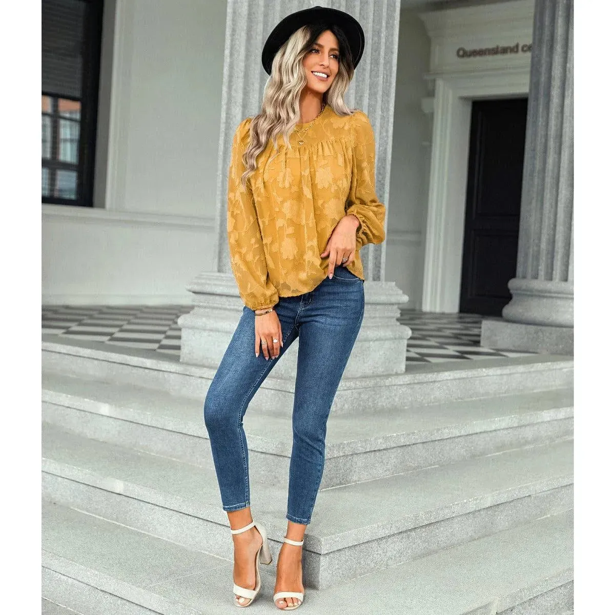 Jacquard Long Sleeve Chiffon Blouse