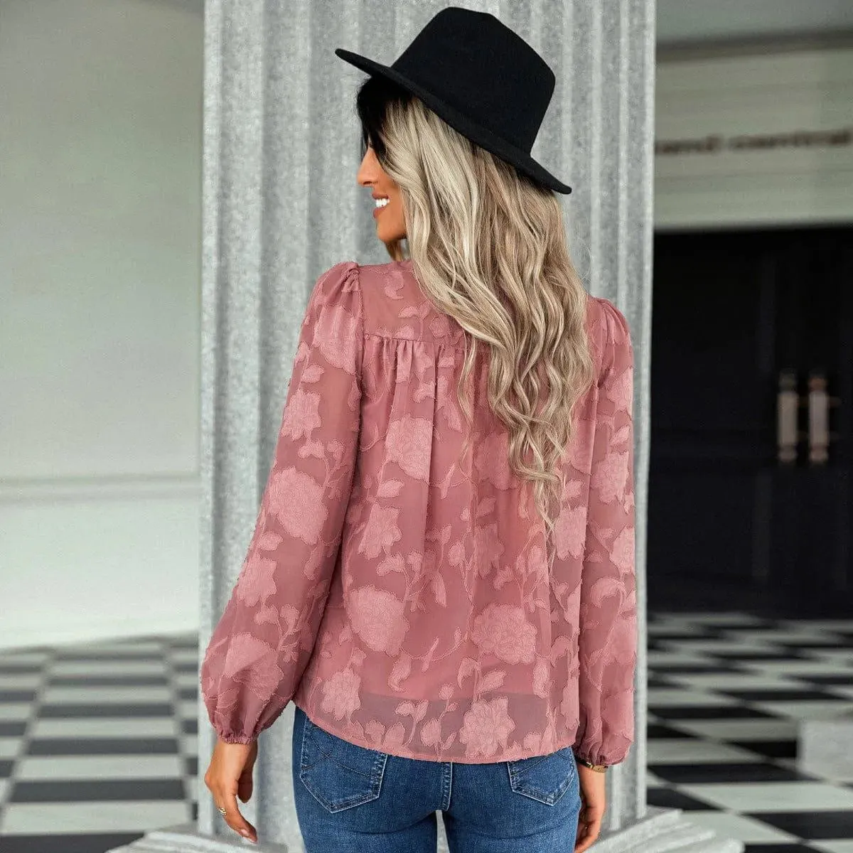 Jacquard Long Sleeve Chiffon Blouse