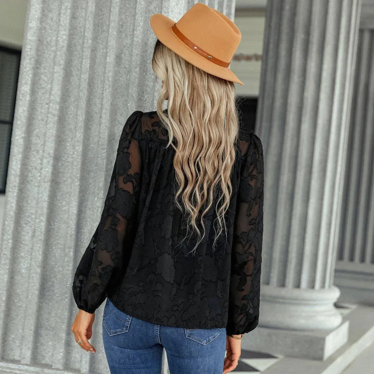 Jacquard Long Sleeve Chiffon Blouse