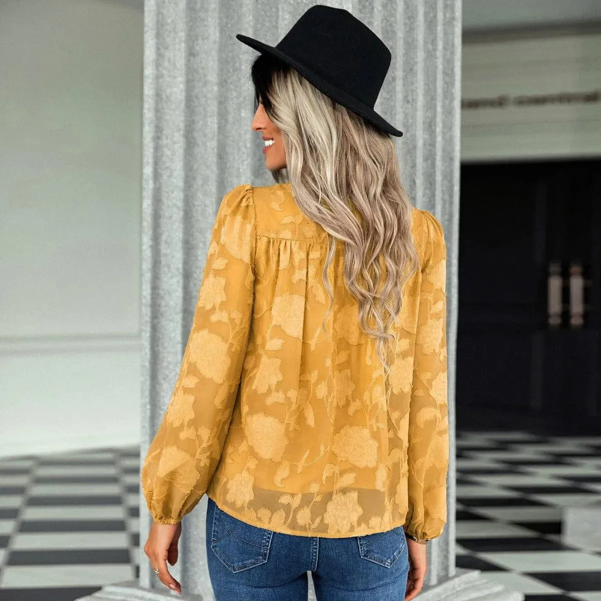 Jacquard Long Sleeve Chiffon Blouse