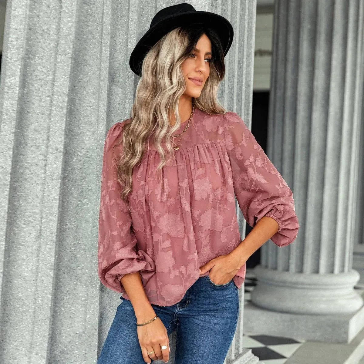 Jacquard Long Sleeve Chiffon Blouse