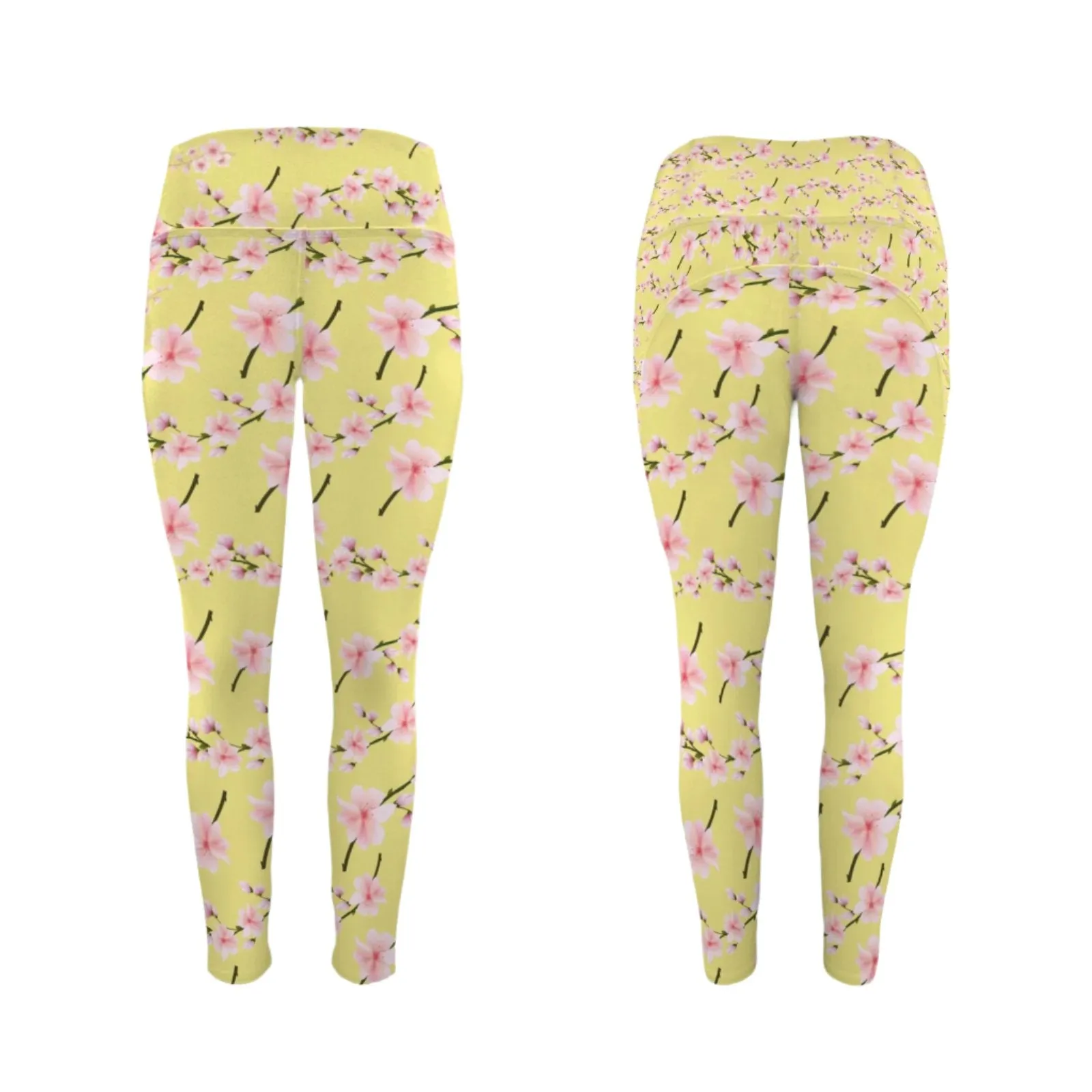 Japanese Pink Flowers Lemon Leggings with Pockets up to 5 XL (FWS)