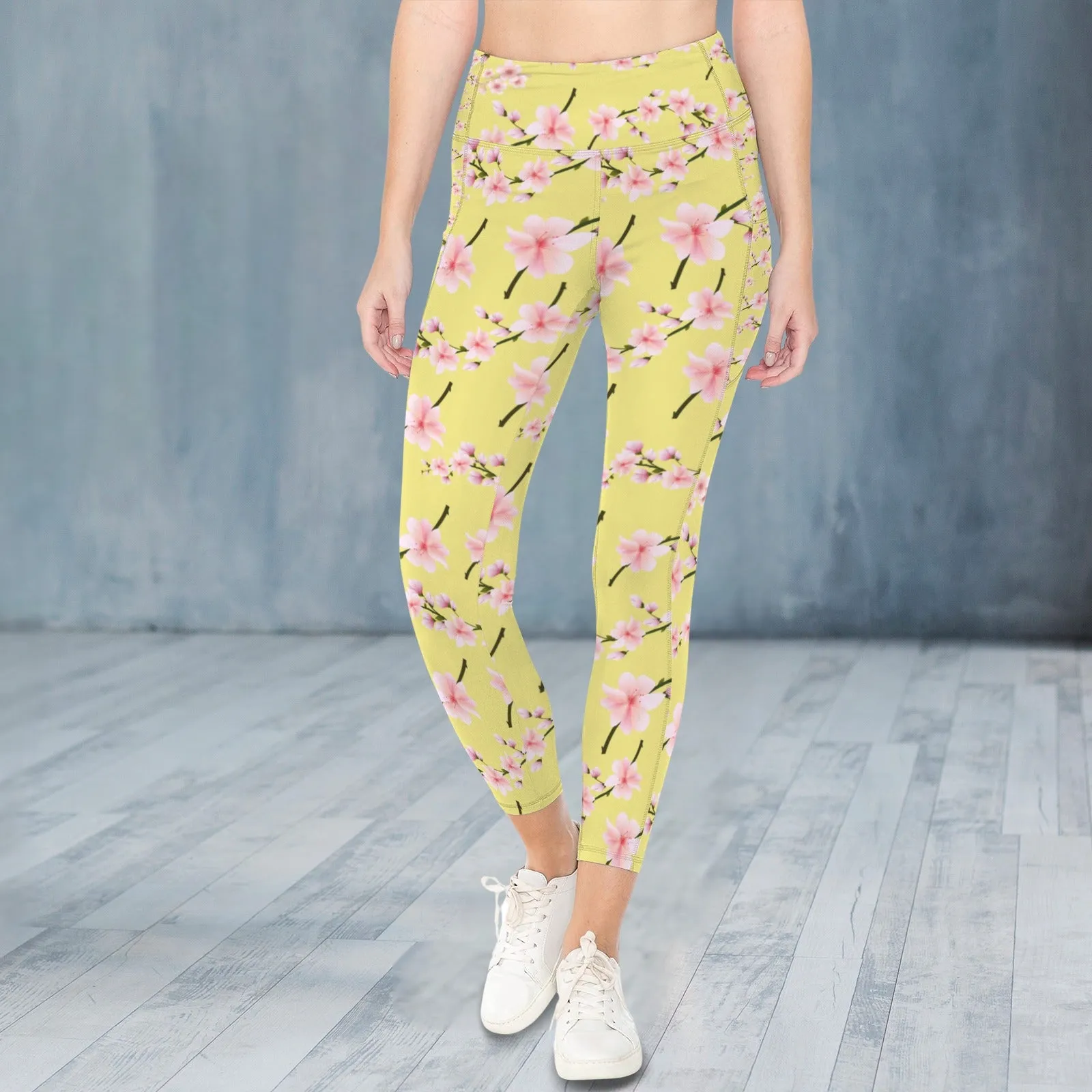 Japanese Pink Flowers Lemon Leggings with Pockets up to 5 XL (FWS)