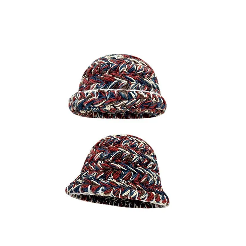 Japanese-Style Retro Mixed Color Thick Needle Handmade Knitted Wool Bucket Hat Female Autumn and Winter Thick Warm Curled Brim Basin Hat