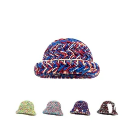 Japanese-Style Retro Mixed Color Thick Needle Handmade Knitted Wool Bucket Hat Female Autumn and Winter Thick Warm Curled Brim Basin Hat