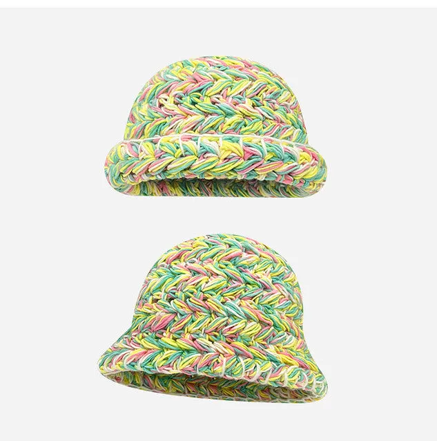 Japanese-Style Retro Mixed Color Thick Needle Handmade Knitted Wool Bucket Hat Female Autumn and Winter Thick Warm Curled Brim Basin Hat