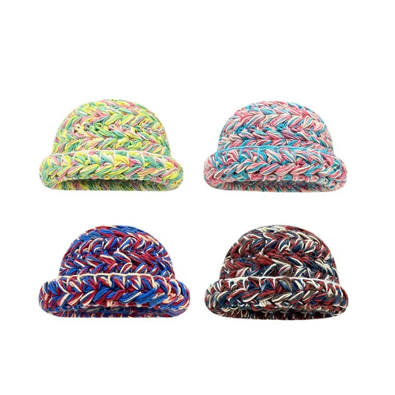 Japanese-Style Retro Mixed Color Thick Needle Handmade Knitted Wool Bucket Hat Female Autumn and Winter Thick Warm Curled Brim Basin Hat