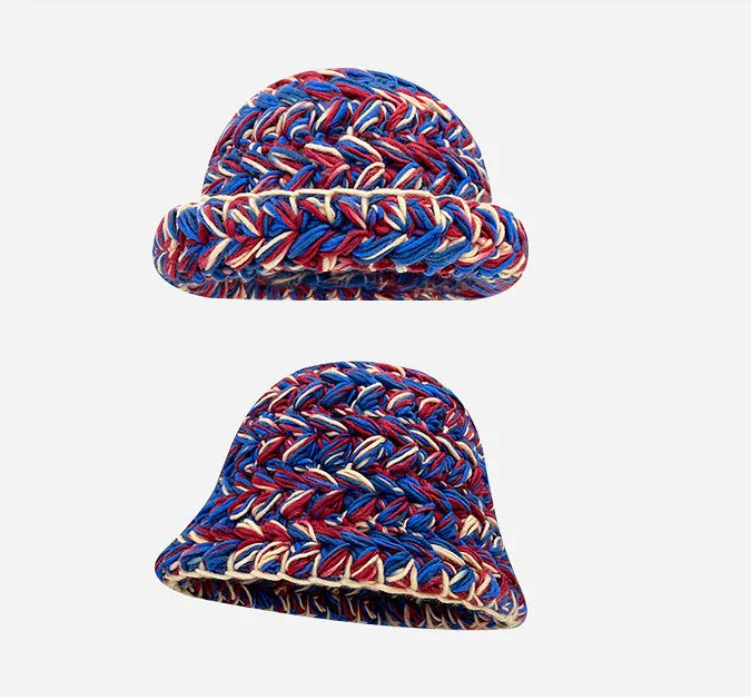 Japanese-Style Retro Mixed Color Thick Needle Handmade Knitted Wool Bucket Hat Female Autumn and Winter Thick Warm Curled Brim Basin Hat