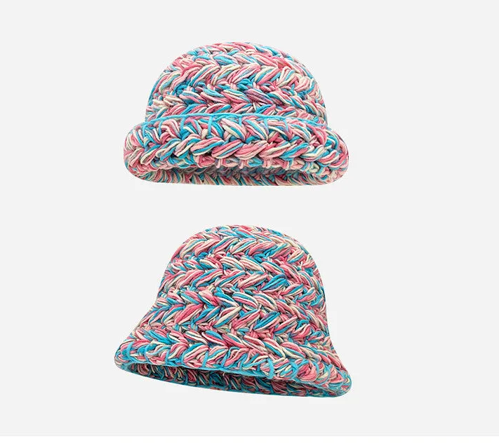 Japanese-Style Retro Mixed Color Thick Needle Handmade Knitted Wool Bucket Hat Female Autumn and Winter Thick Warm Curled Brim Basin Hat