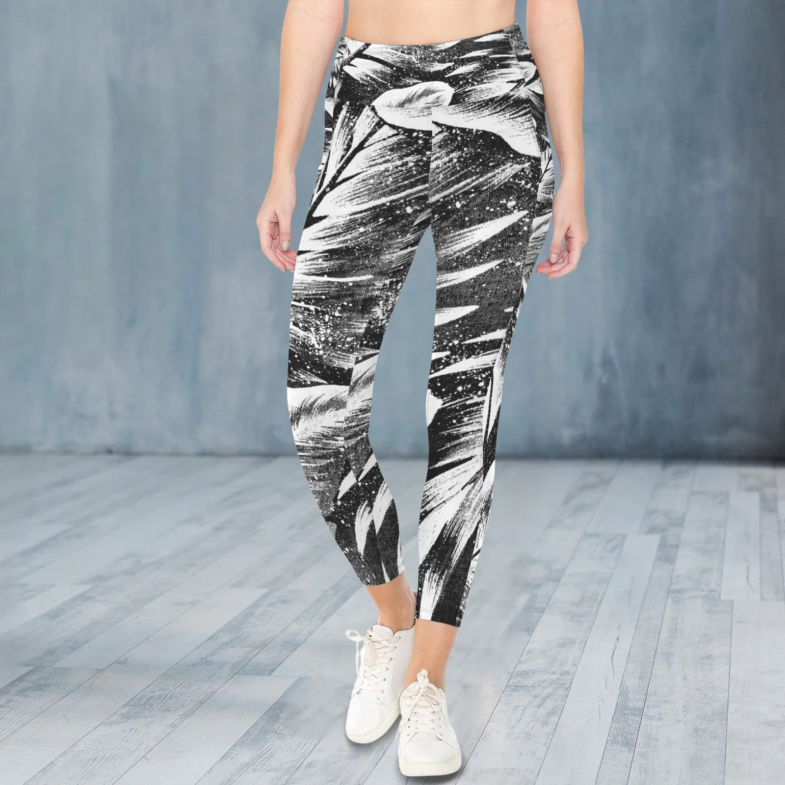 Leaves 1 B & W Leggings with Pockets up to 5 XL (FWS)