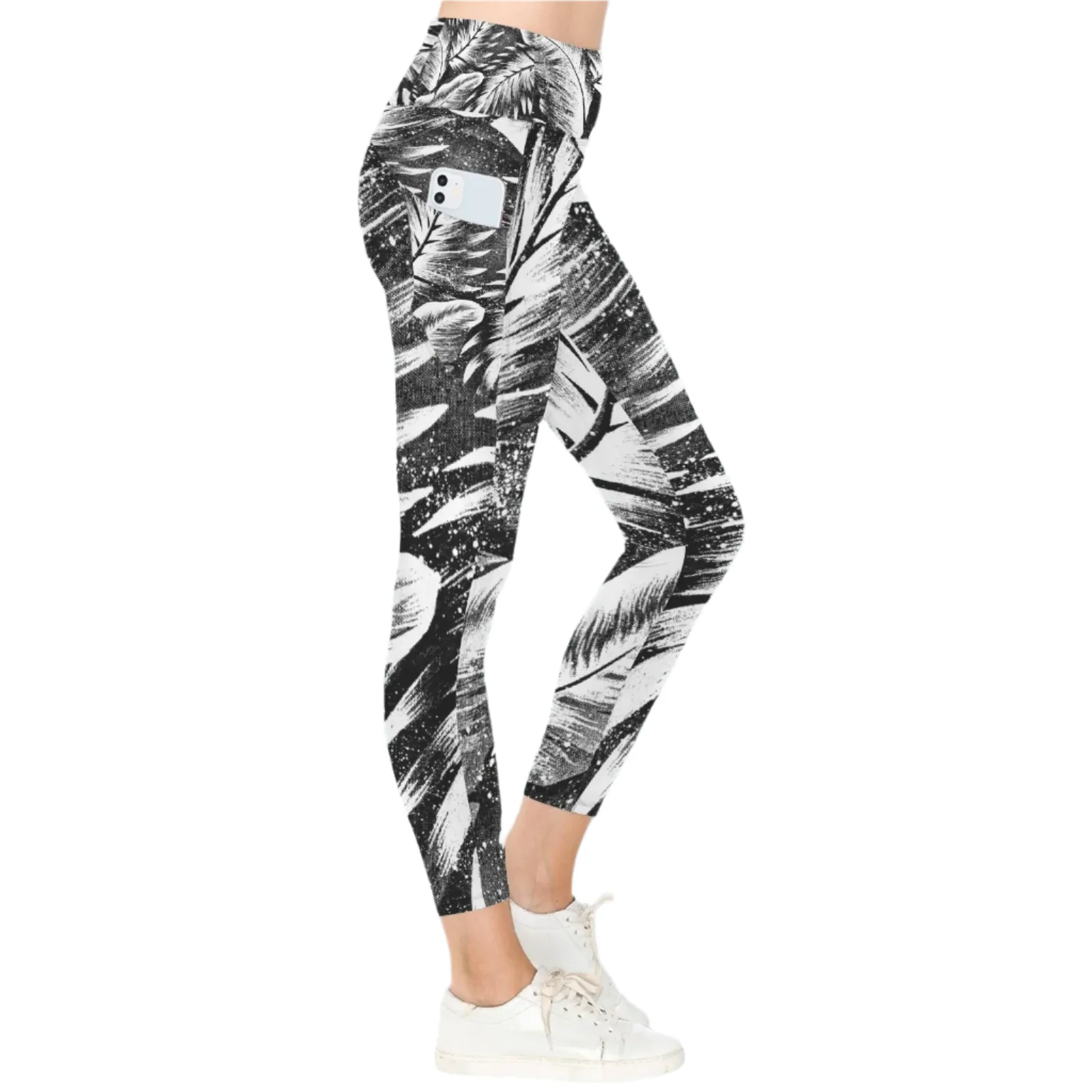 Leaves 1 B & W Leggings with Pockets up to 5 XL (FWS)