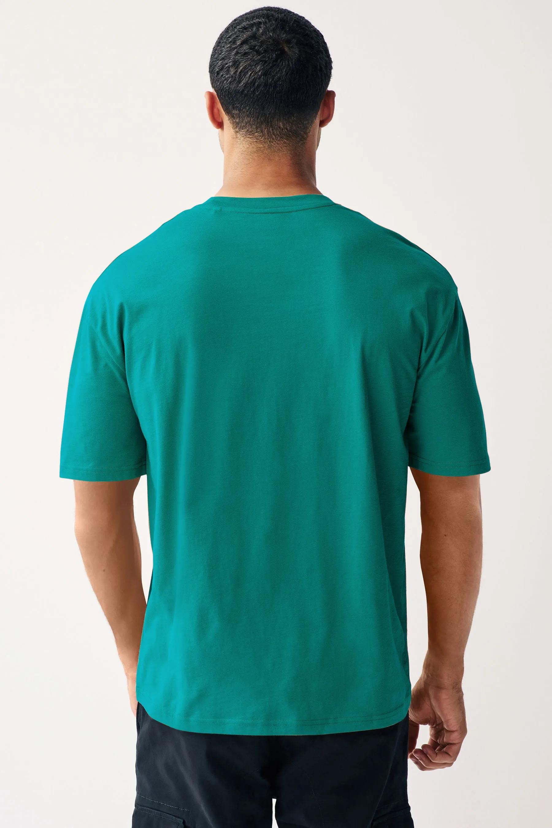 Men's Aventurine Green Solid Round Neck Oversized Half Sleeve Cotton T-Shirt