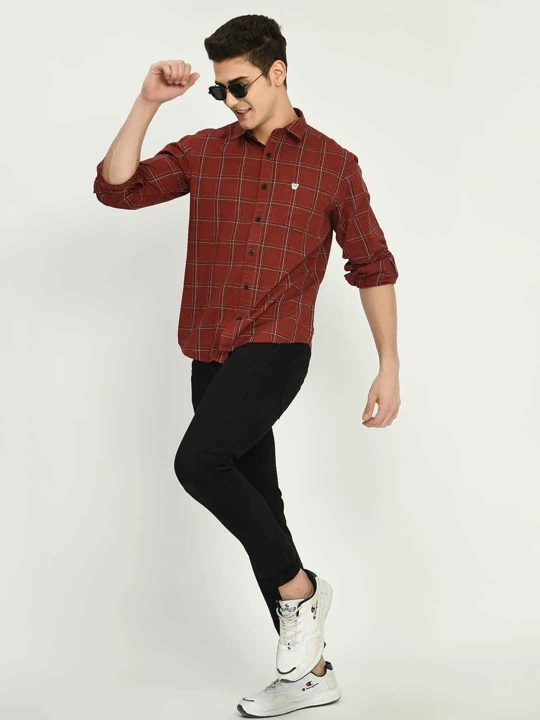 Men’s Checkered Maroon Spread Collar Shirt