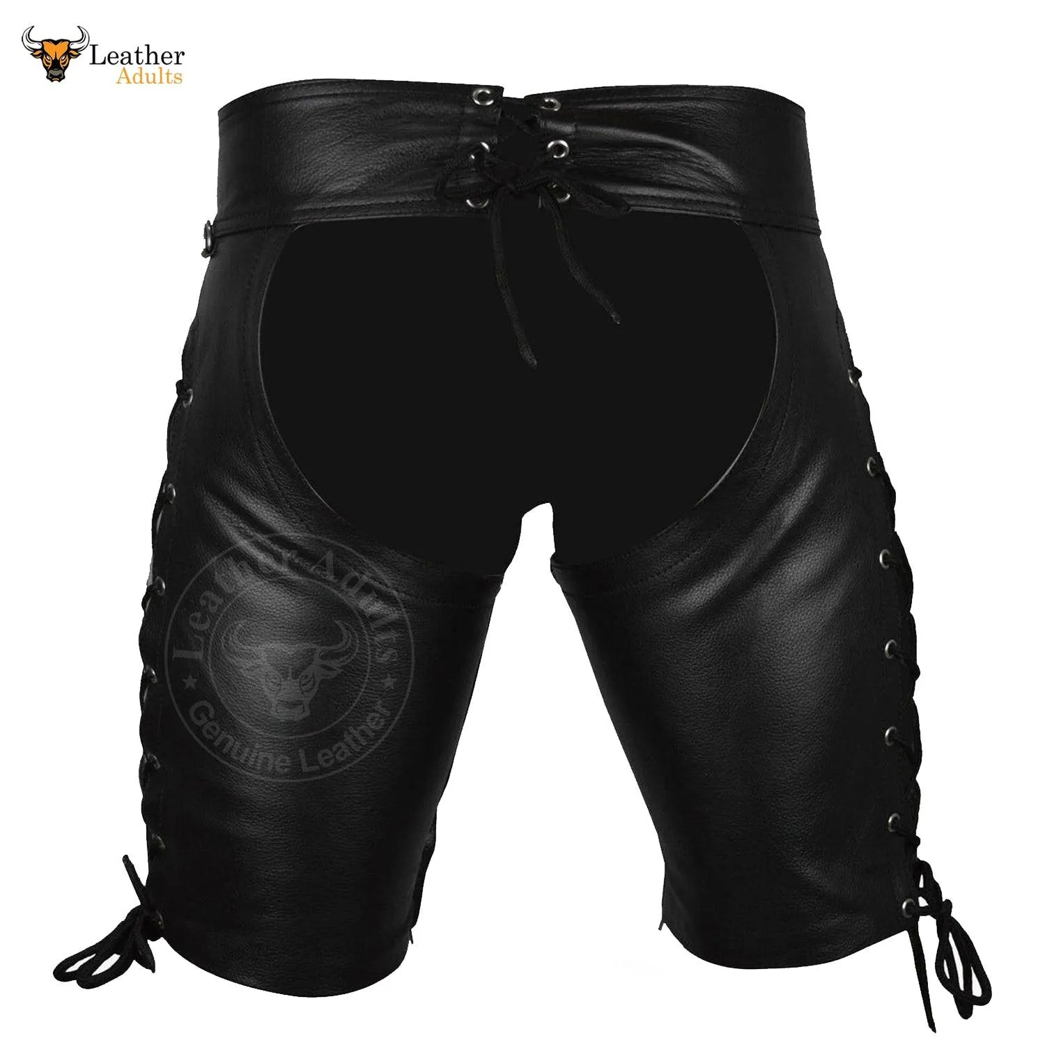 Men's Genuine Black Cow Leather Laced Chaps Club wear Shorts With Jockstrap