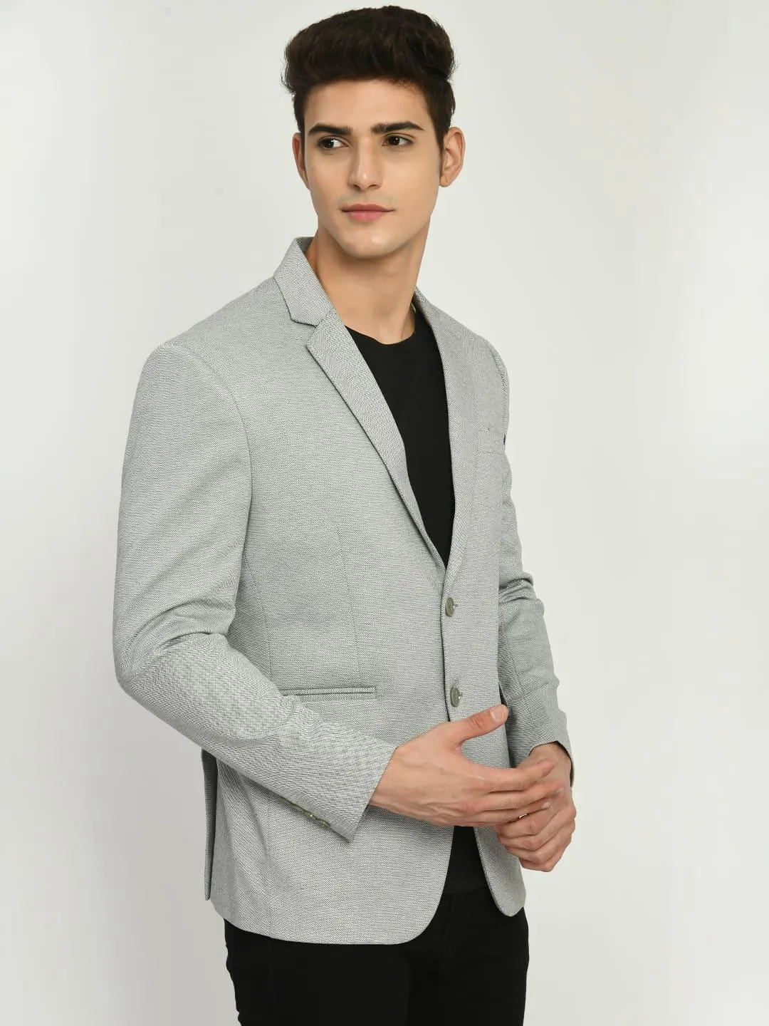 Men's Grey Dotted Cotton Notched Lapel Blazer