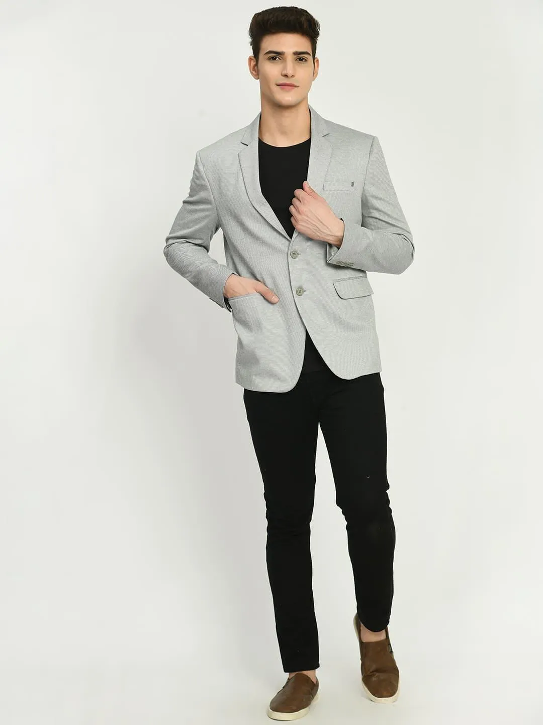 Men's Grey Dotted Cotton Notched Lapel Blazer