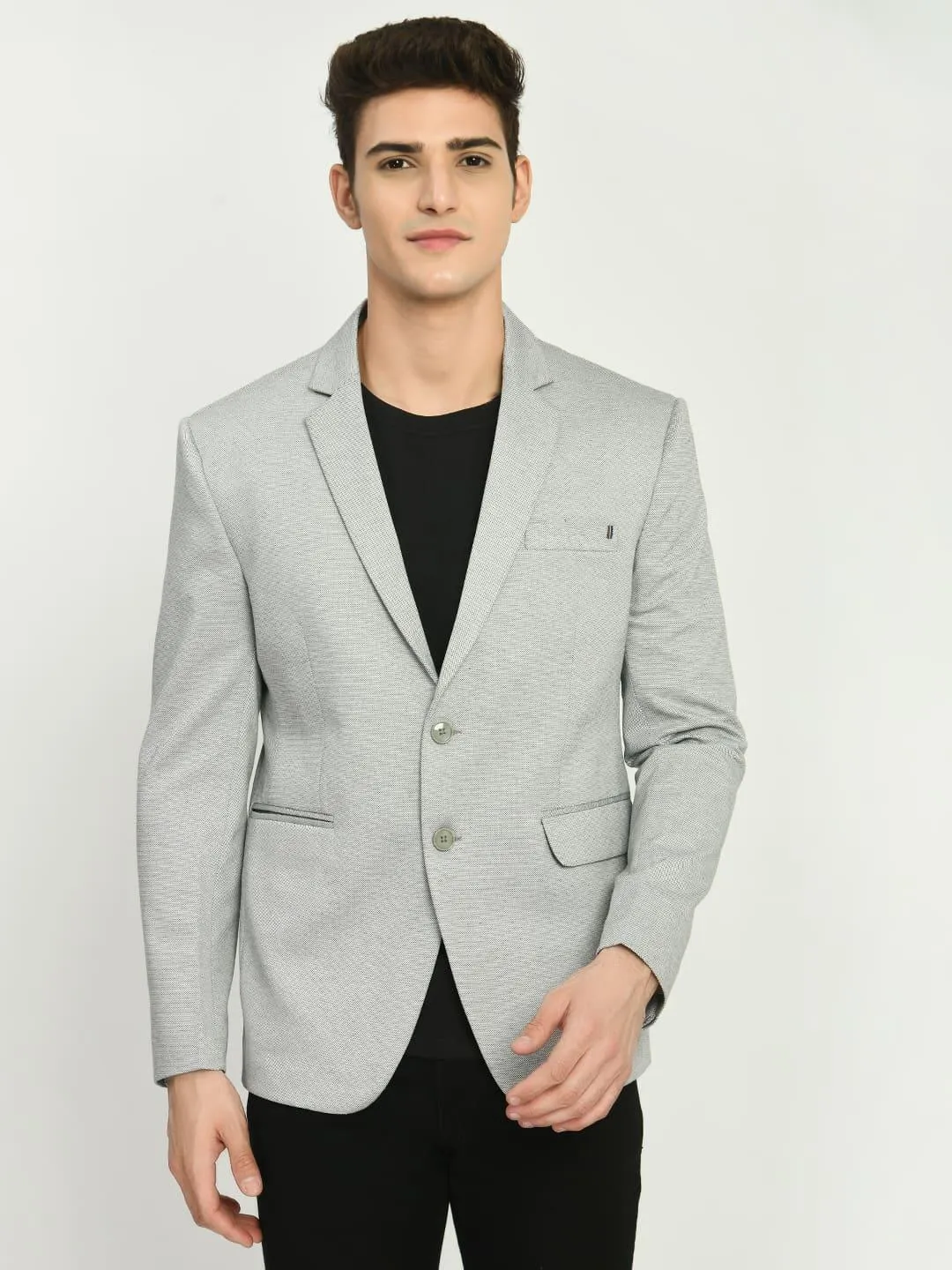 Men's Grey Dotted Cotton Notched Lapel Blazer