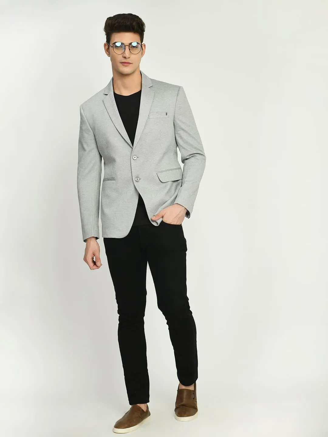 Men's Grey Dotted Cotton Notched Lapel Blazer