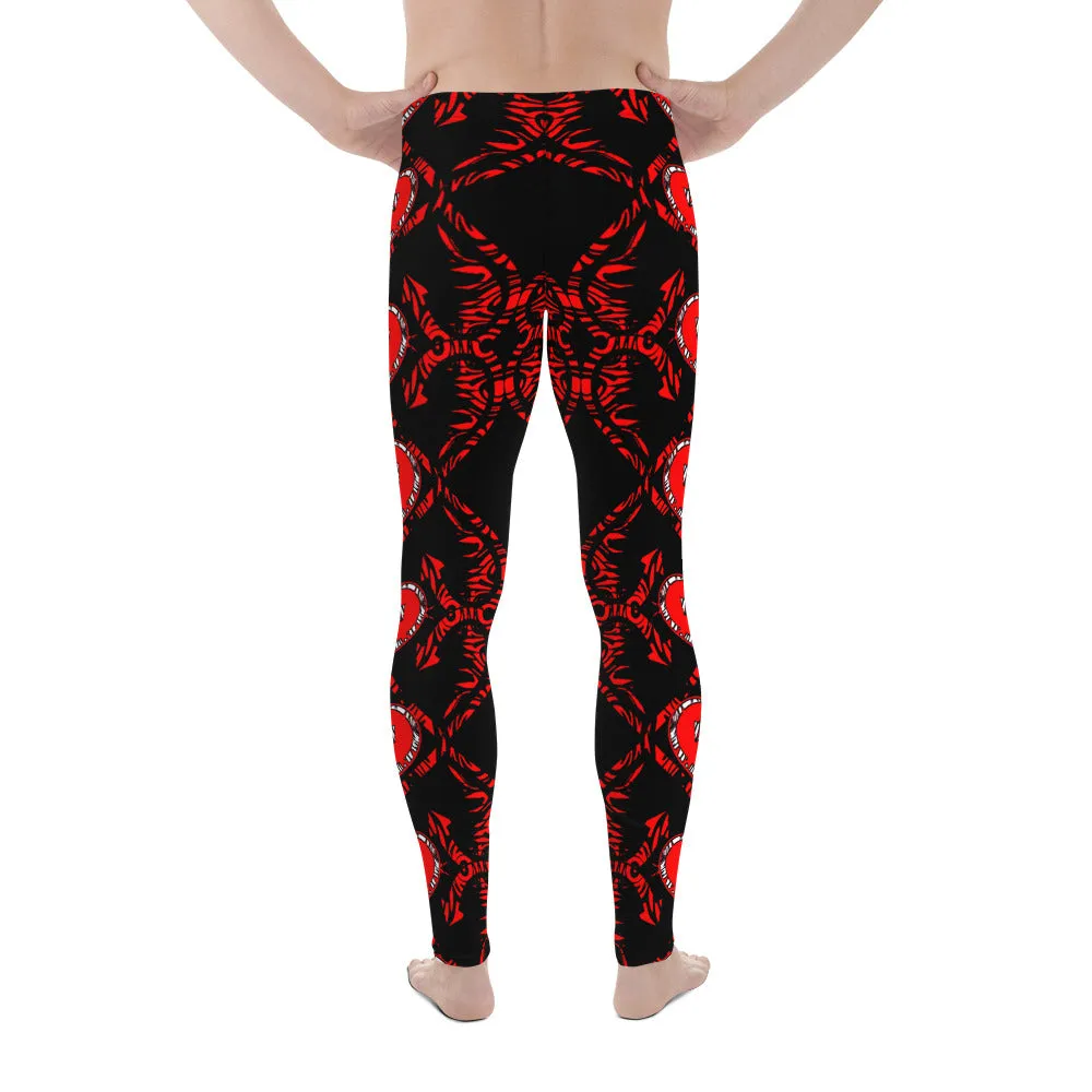 Men's Leggings, Red Hearts and Arrows on Black