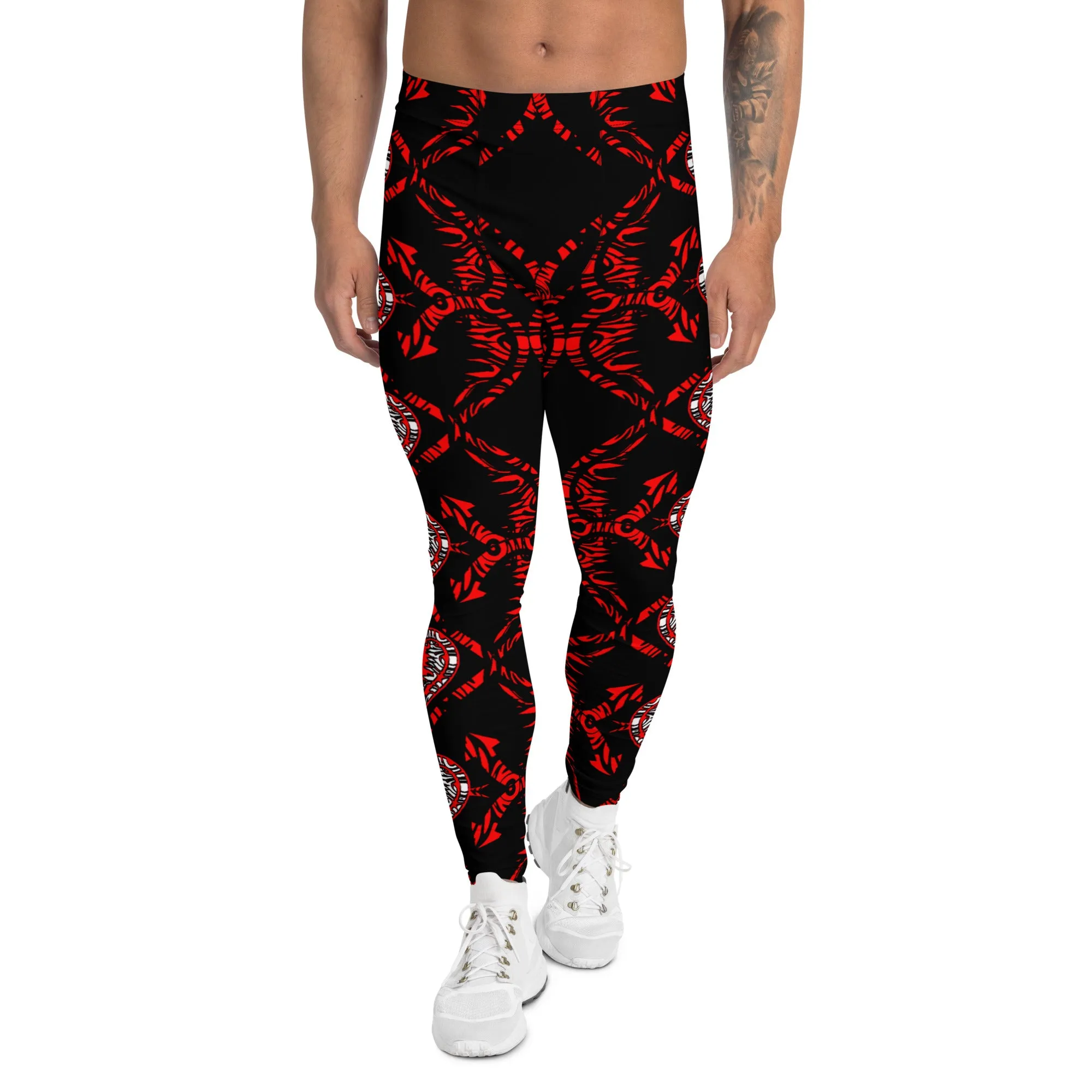 Men's Leggings, Red Hearts and Arrows on Black