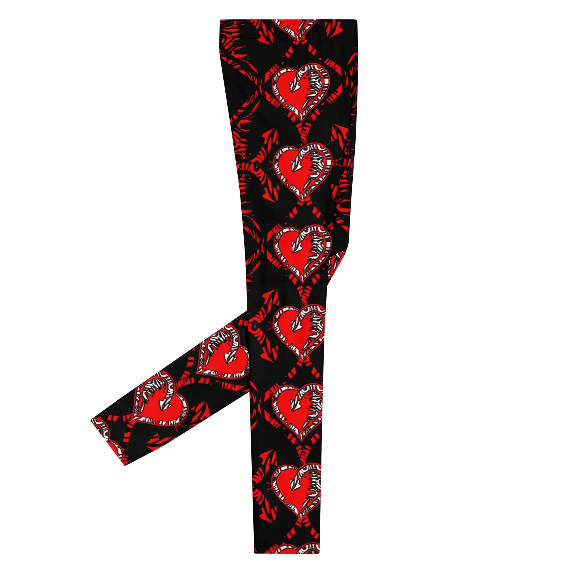 Men's Leggings, Red Hearts and Arrows on Black