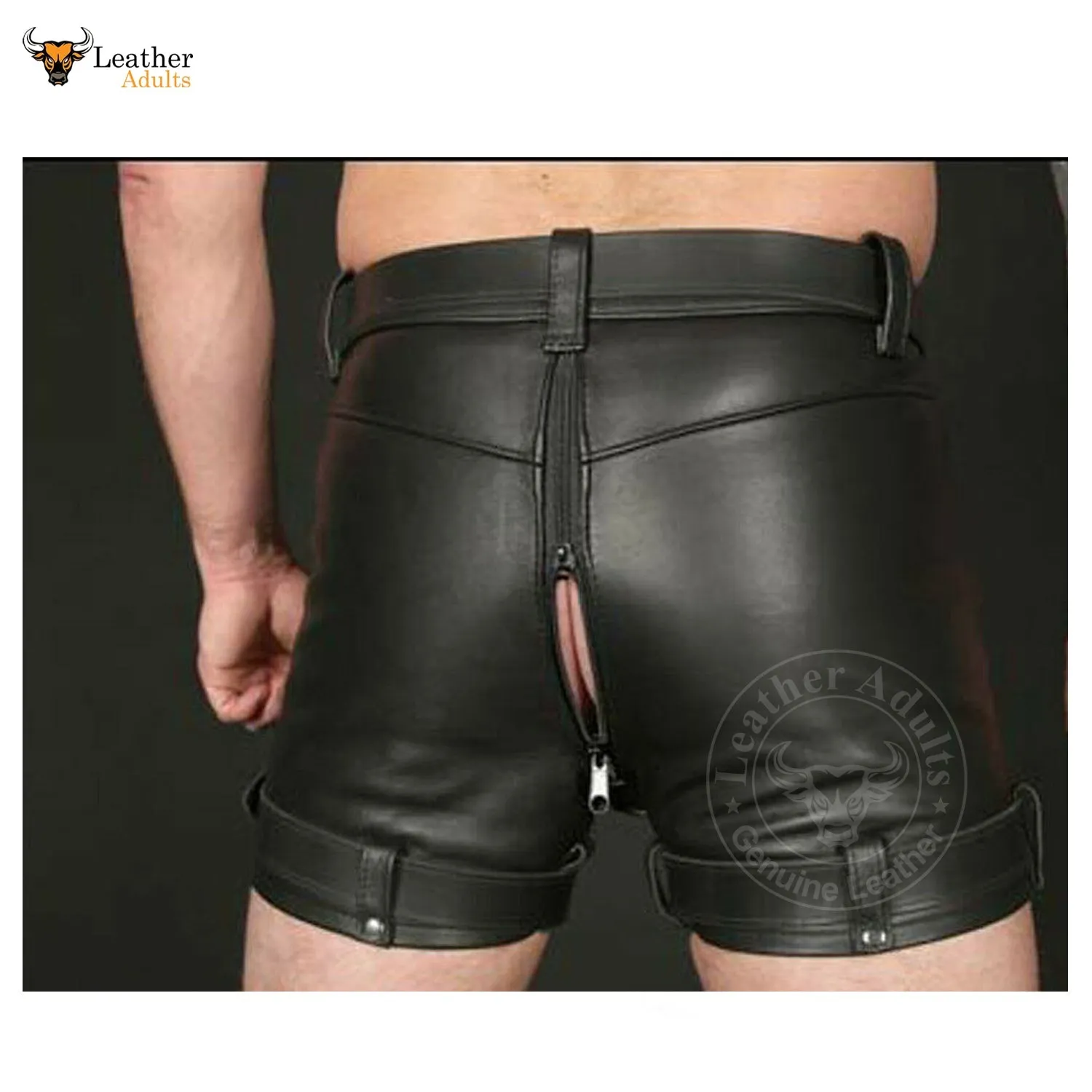 Mens Real Cowhide Leather Chastity Shorts Black Double Zips Shorts