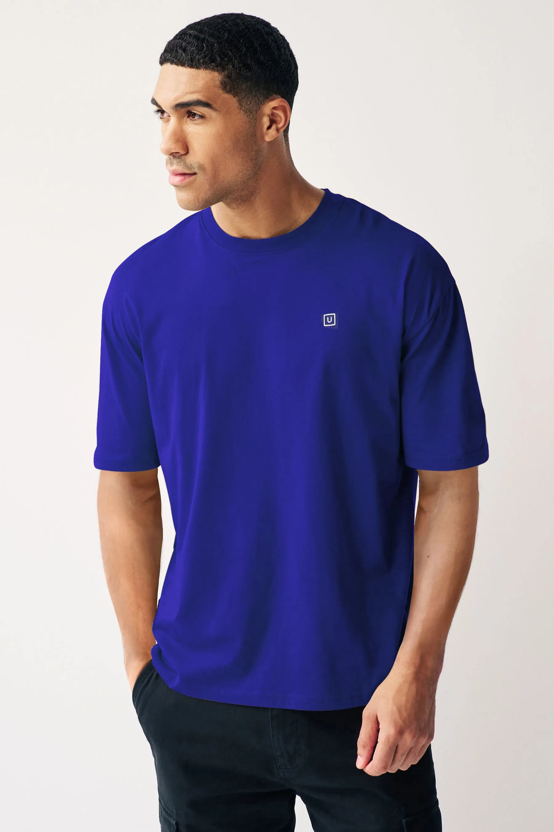 Men's Surf Blue Solid Round Neck Oversized Half Sleeve Cotton T-Shirt