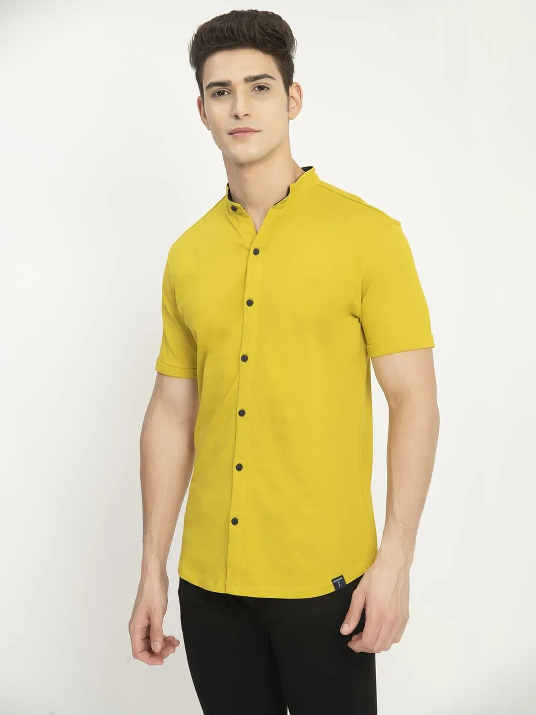 Men's Yellow Mandarin Collar Short Sleeve Shirt