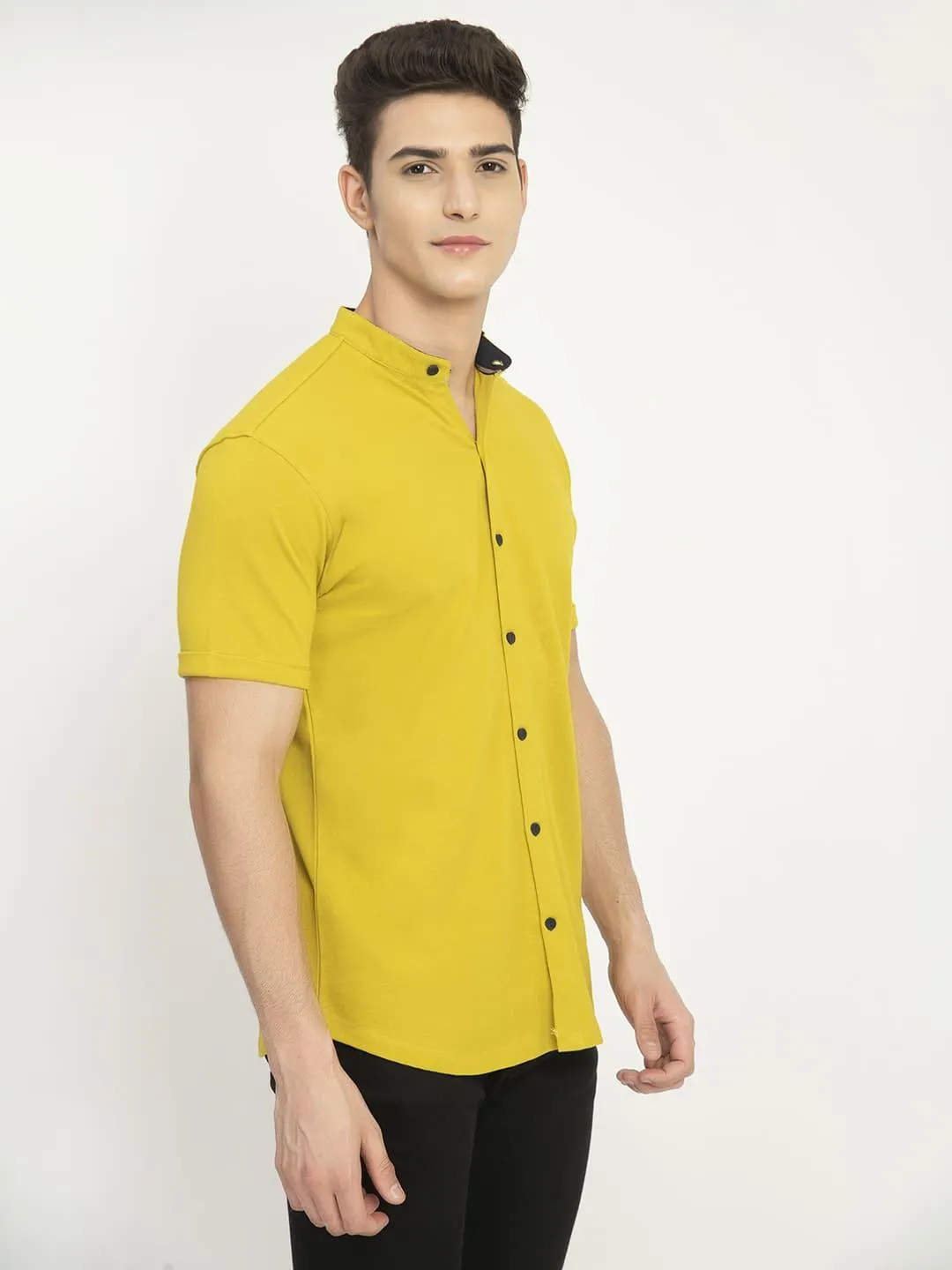 Men's Yellow Mandarin Collar Short Sleeve Shirt