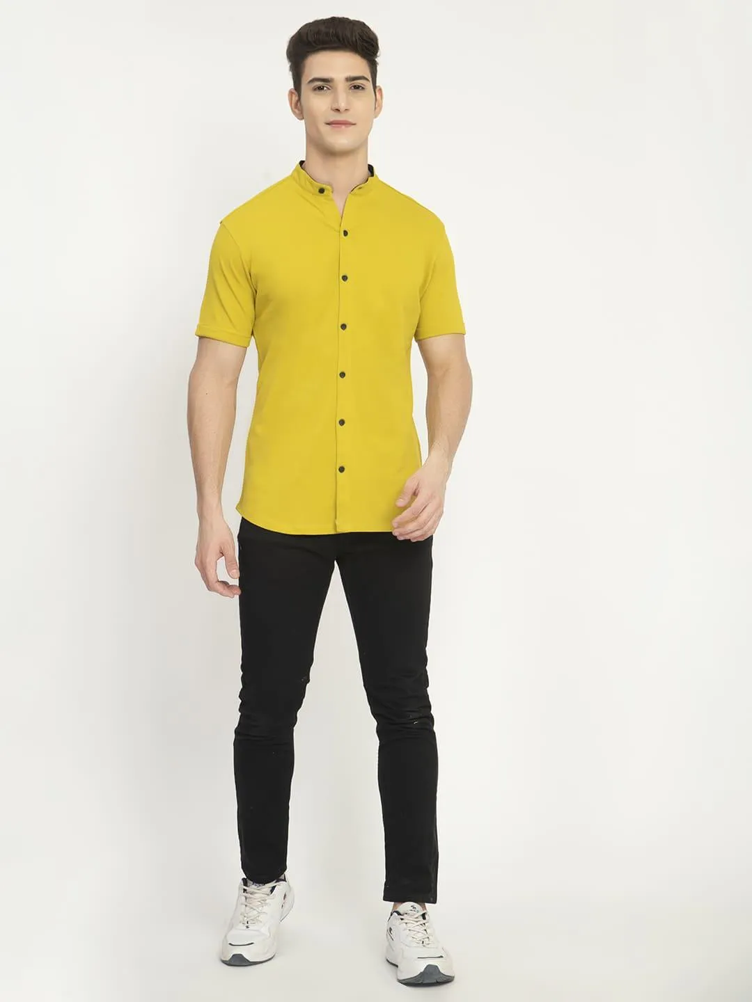 Men's Yellow Mandarin Collar Short Sleeve Shirt