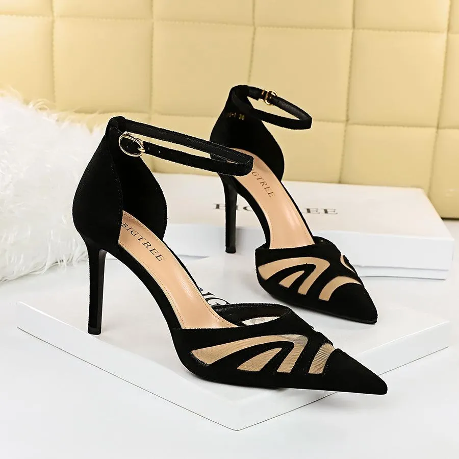 Mesh Panel Point Toe  Heeled Ankle Strap Pumps