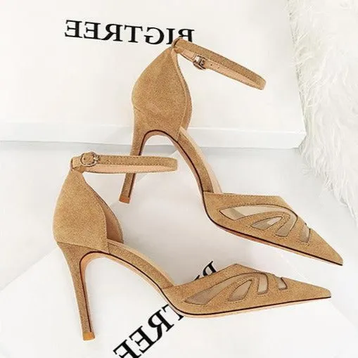 Mesh Panel Point Toe  Heeled Ankle Strap Pumps