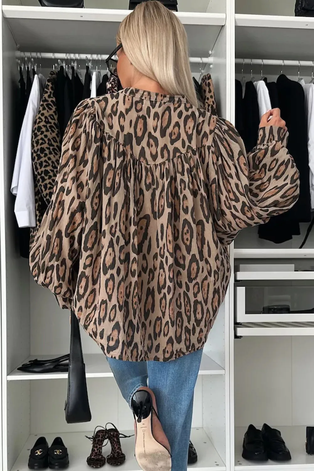 Oversized Leopard Print Balloon Sleeve Casual Shirt