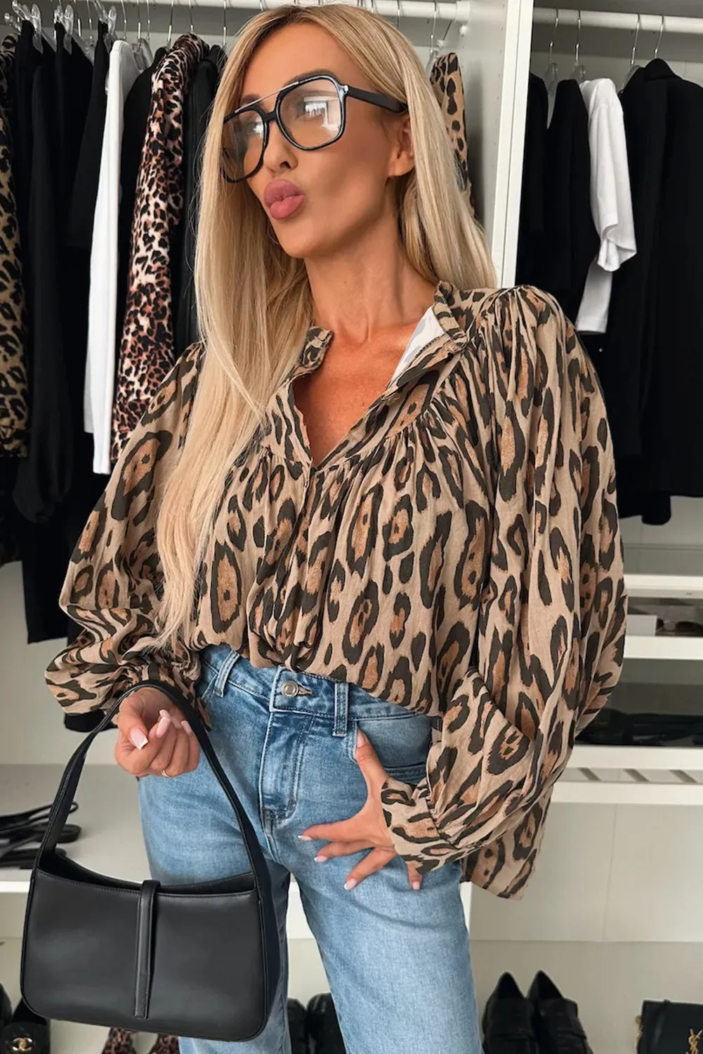 Oversized Leopard Print Balloon Sleeve Casual Shirt