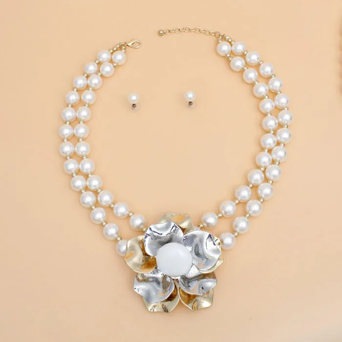 Pearl Necklace Silver Gold Flower Set for Women