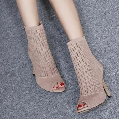 Peep Toe Cutout Stiletto Sock Boots