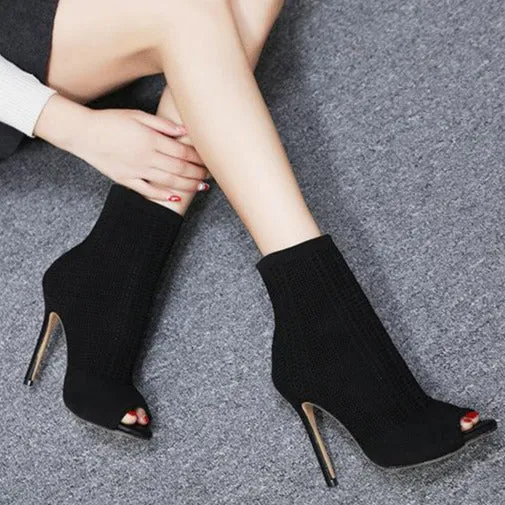 Peep Toe Cutout Stiletto Sock Boots