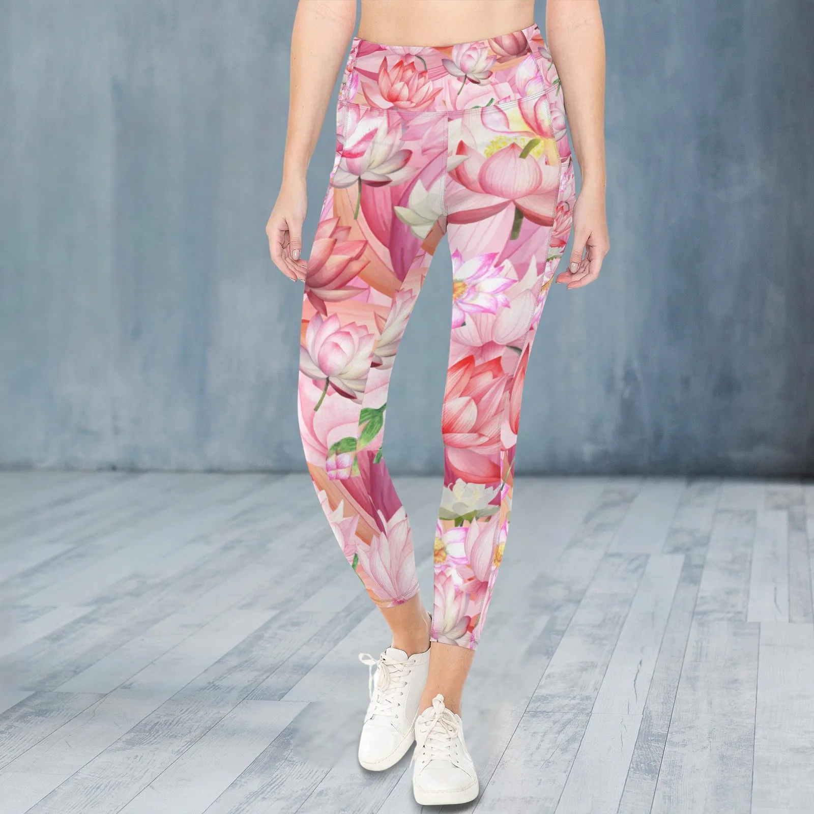 Pink Lotus Leggings with Pockets up to 5 XL (FWS)