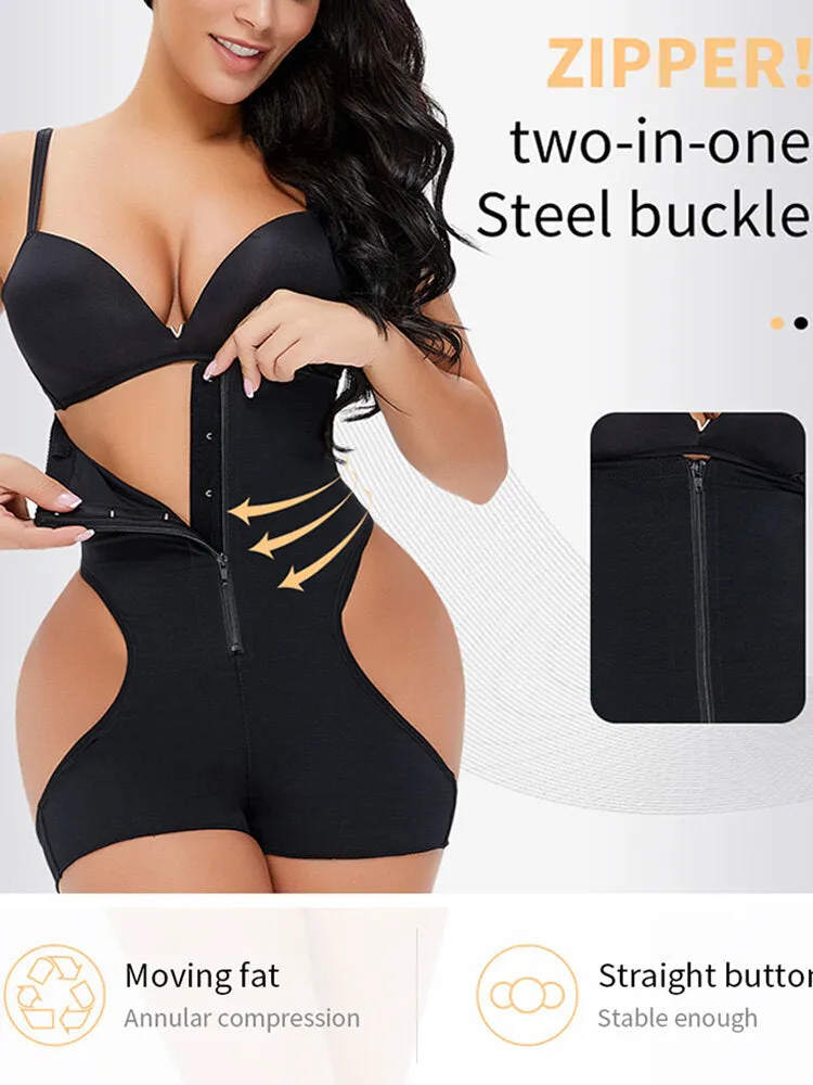 Plus Size Women Cutout Breathable Zip Front Hip Lift High Waist Strappy Bodysuits Shapewear