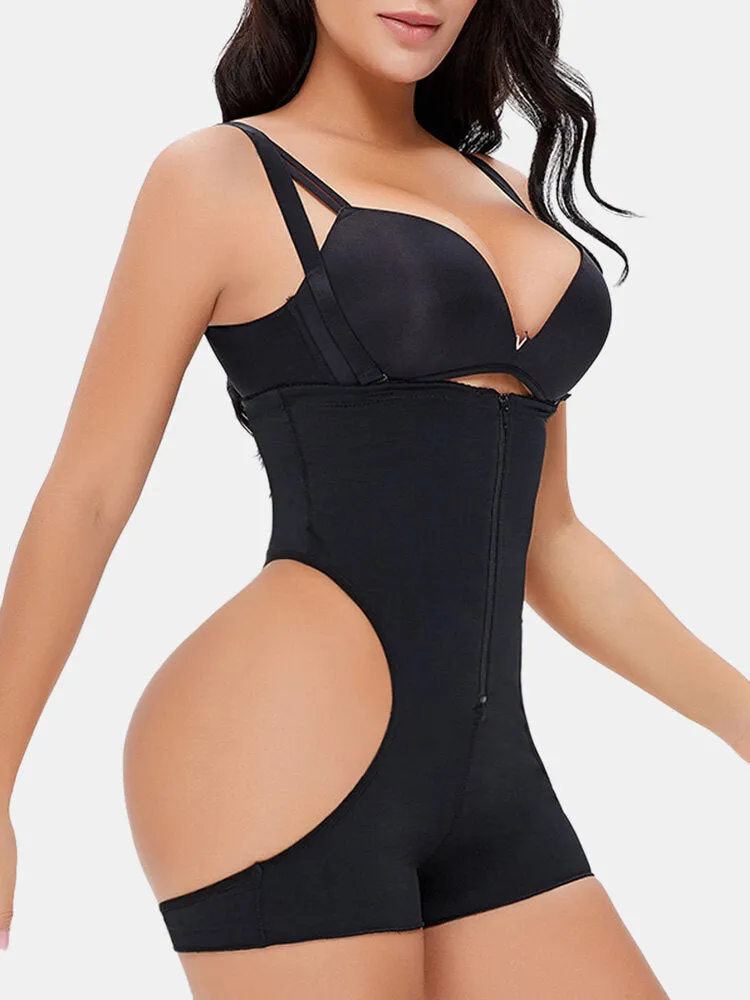 Plus Size Women Cutout Breathable Zip Front Hip Lift High Waist Strappy Bodysuits Shapewear