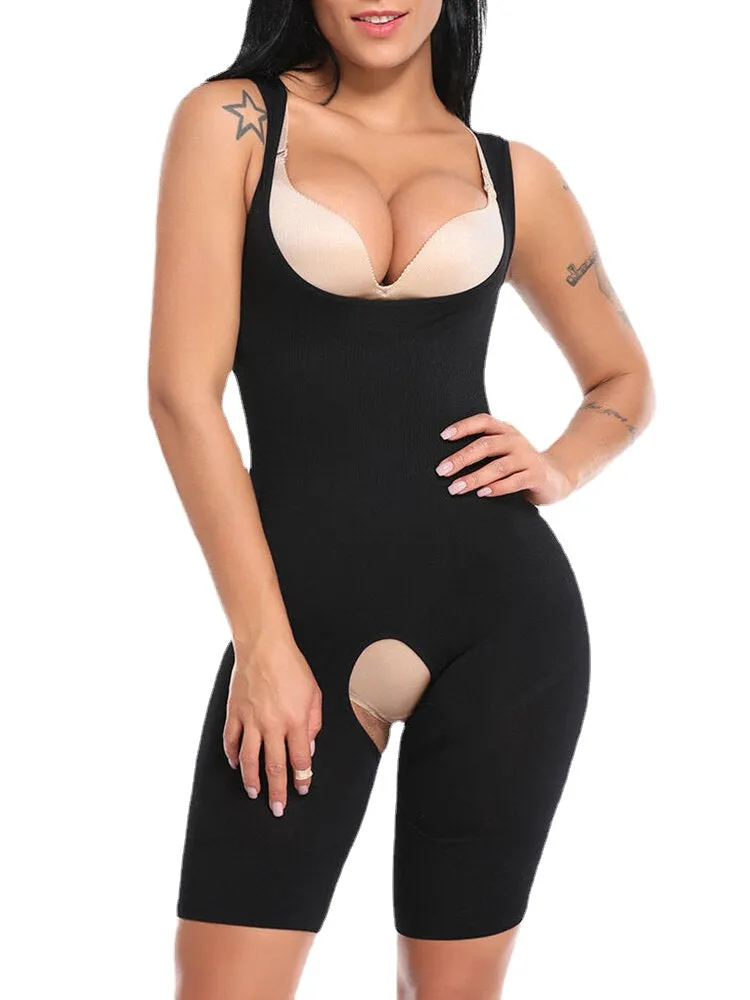 Plus Size Women Cutout Breathable Zip Front Hip Lift High Waist Strappy Bodysuits Shapewear