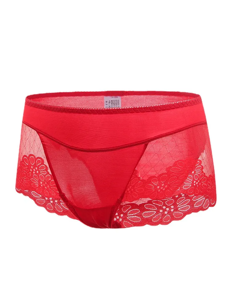 Plus Size Women Floral Jacquard Fishnet See Through Elastic Thin Panties