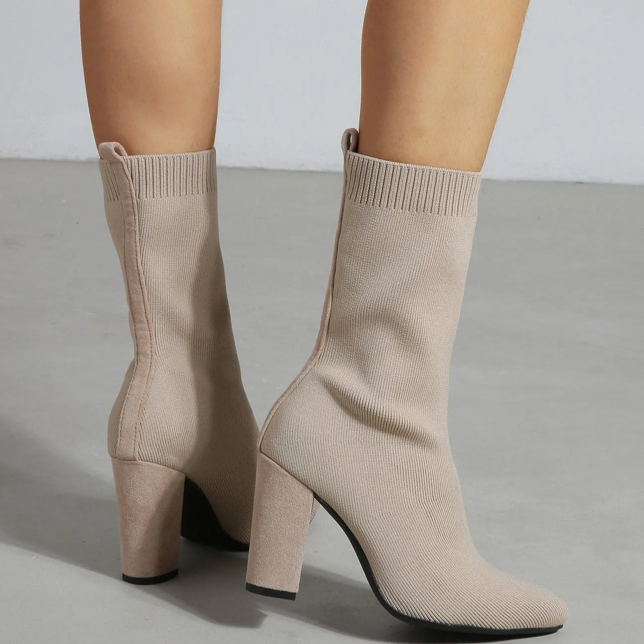 Pointed Toe Chunky Heel Sock Boots